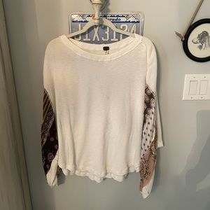Free People Waffle, Floral Sleeve Top Large